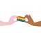 Vector illustration of different color hands carefully holding rainbow LGBT flag. IGBT, freedom love, gay pride concept. Freedom