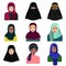 Vector illustration of different muslim arab women characters in hijab icons set. Islamic saudi arabic ethnic women in