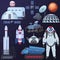 Vector illustration of different spacecraft elements, astronaut in spacesuit, colonization buildings, satellite