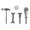 Vector illustration of different tools. Screw, nut, hammer, wrench and screwdriver, isolated on the white background