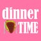 Vector illustration of dinnertime with fried steak, knife and fork on pink background.
