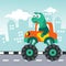 Vector illustration of dinosaurs riding monster truck with cartoon style. Can be used for t-shirt print, kids wear, invitation