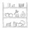 Vector illustration dishes standing on the shelves in the kitchen, cups, jugs, teapots