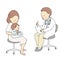 Vector illustration of doctor sitting on chair stool and talking to mother and baby. Children medical, pediatrician, childcare