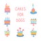 Vector illustration of dog cakes. Cupcakes for the party Your dogs birthday. Snacks for animals, candles-bone, ham