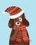 Vector illustration of a dog in a hat and scarf. Stylized happy dog in winter. Christmas illustration for a postcard
