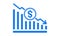 Vector illustration of dollar rate decrease icon. Money symbol with stretching arrow down. Decrease profit, salary, income, cost,