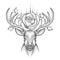 Vector illustration with dotted head deer with antlers, roses and leaves in black isolated on white background.