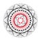 Vector illustration of dotted round mandala in black, gray and red on white background.