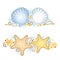 Vector illustration with dotted Starfish or Sea star and Sea shell or Scallop and pebbles isolated on white.