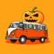 Vector illustration dracula, zombie and mummy go to halloween party by car. vector illustration halloween set with orange