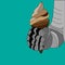 Vector illustration drawing of a knight`s hand in armor of gray shades with ice cream in a waffle cone in a fist on a green