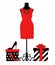 Vector illustration of a dress on a manikin, shoes and gift wrapping.