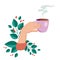 Vector illustration drinking coffee. Tea coffee break, mug, hands top view in a cafe. Female