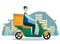 Vector illustration of the driver on the scooter with an order and package. Courier drive on the motorcycle. Delivery image.