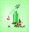 Vector illustration, dropper serum bottle, and a liquid drop on green background with some flowers