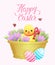 Vector illustration of an Easter chicken in a basket with crocuses in gentle colors