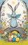 Vector illustration of Easter decorations, colorfully painted Easter eggs and spring flowers. seamless primitive pattern