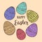 Vector illustration with easter eggs with doodle pattern. Black multicolored doodle symbols of a happy holiday on beige background