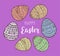 Vector illustration with easter eggs with doodle pattern. Black multicolored doodle symbols of a happy holiday on lilac background