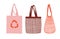 Vector illustration of eco bags in red, pink, and brown colors isolated on white background. Hand-drawn plastic bag set.