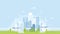 Vector illustration of eco city skyline with buildings, solar panels, wind turbines and high speed trains on light blue