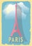 Vector illustration eiffel tower of paris france on retro style poster or postcard.