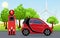 Vector illustration of electric car red color on charging station with windmills, green tree, sun, blue sky background