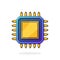 Vector illustration. Electronic Integrated circuit top view. Computer microchip or nano processor. Artificial intelligence