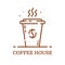 Vector illustration of emblem concept coffee house in line style. Linear brown cup.