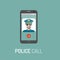 Vector illustration of emergency police call with policeman icon on mobile telephone in trendy flat style.