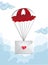 Vector Illustration of envelope with heart stamp flying on parachute