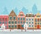 Vector illustration of european winter town. Flat design. Old houses