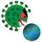 Vector illustration of an evil green huge coronavirus with open toothy mouth and red eye attacking the squinting planet Earth