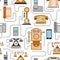 Vector illustration of evolution of communication devices from classic phone to modern mobile phone seamless pattern. Retro vintag