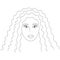 Vector illustration of the face of an African American girl. Full face. Long curls, afro hairstyle. Puffy lips.