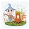 Vector illustration of a fairy dwarf, elf in the forest with a lantern. Stump house.