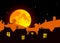 Vector illustration: Fairy tale Halloween landscape with realistic full moon, village landscape silhouettes on fading background m