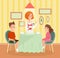 Vector illustration of family meal concept. Mother , son and daughter together at the table and have dinner in cartoon