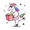 Vector illustration of fantasy skating unicorn with christmas present. Cartoon style design