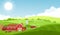 Vector illustration of farm with large fields, cows and sheeps, farm animals on beautiful landscape background. Milk