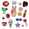 Vector illustration of fashion fun patch stickers with lips, lipstick, hearts, hand, speech bubbles and other
