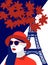 Vector illustration of fashionable woman wearing red hat and stylish sunglasses in Paris. Contrast blue red and white as french fl