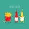 The vector illustration. Fast food. Friends forever. French fries with funny ketchup and mustard