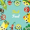 Vector illustration of fast food and vegetables border frame - cute emoticons of various meals and ingredients.