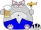 Vector illustration fat funny gray cat with a big beer belly wearing blue jeans holds a mug of beer and a fish