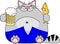 Vector illustration fat funny gray cat with a big beer belly wearing blue jeans holds a mug of beer and a fish in hand
