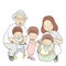 Vector illustration of father, mother and three little kids, one in dad arm, one standing, one sitting in toy bag. Family