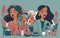 vector illustration featuring a group of confident and empowered girls engaging in beauty rituals and self-expression