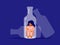 Vector illustration of female alcoholism with unhappy woman sitting at alcohol drink bottle bottom hugging her knees